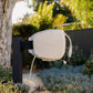 Beige Evolve Retractable Hose Reel mounted on a black timber post in a green succulent garden bed with a tree in the background