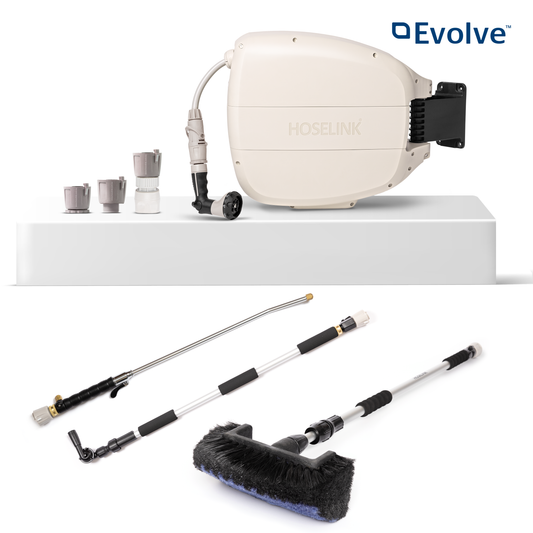 Beige Evolve Retractable hose reel, Super Jet Washer, Long-reach Pivot Gutter Cleaner, Extendable Cleaning Brush and Fittings on a white background