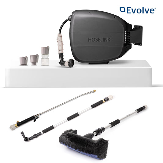 Charcoal Evolve Retractable hose reel, Super Jet Washer, Long-reach Pivot Gutter Cleaner, Extendable Cleaning Brush and Fittings on a white background