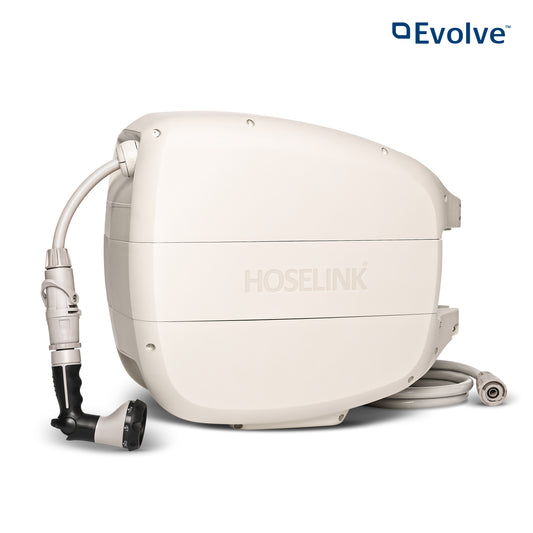 Beige Evolve Retractable Hose Reel on a white background