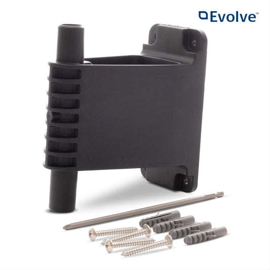 Evolve black wall bracket and hardware set on white background.