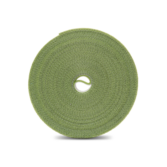 Roll of reusable hook and loop plant tie on a white background