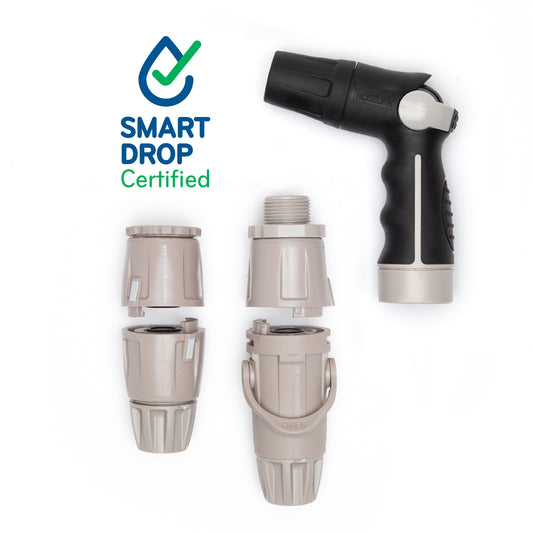 compact nozzle starter set made up of a universal tap connector, hose end connector, hose end connector with flow control, accessory connector with swivel and compact nozzle on a white background