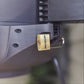 Close up of the brass Evolve Padlock installed on a charcoal Evolve Retractable Hose Reel